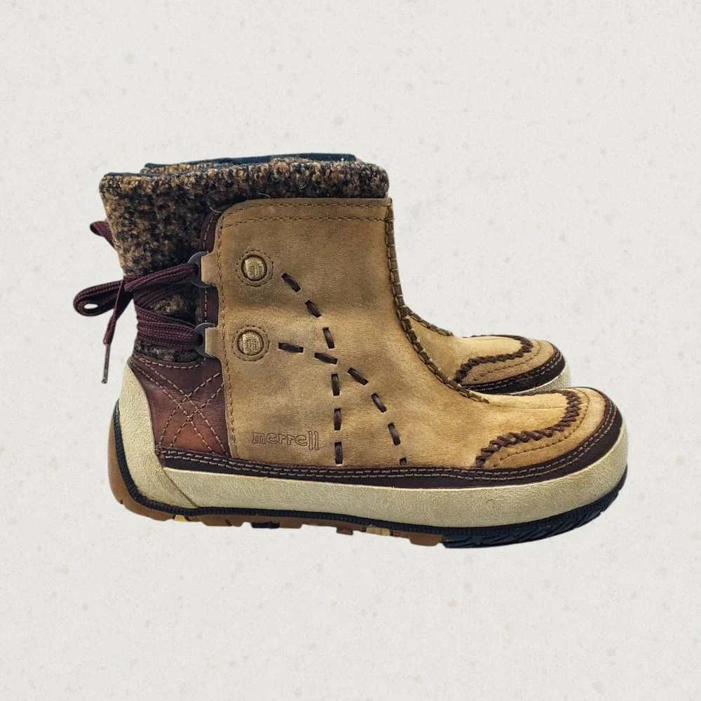 Merrell Puffin Mid Tan Suede Leather Polartec Winter Boots Womens 8.5 J20224